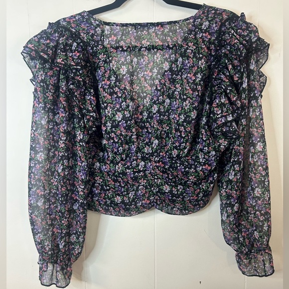 Zara, size small, Cropped Blouse Floral Long Sleeve Ruffle V Neck sheer - Picture 6 of 6
